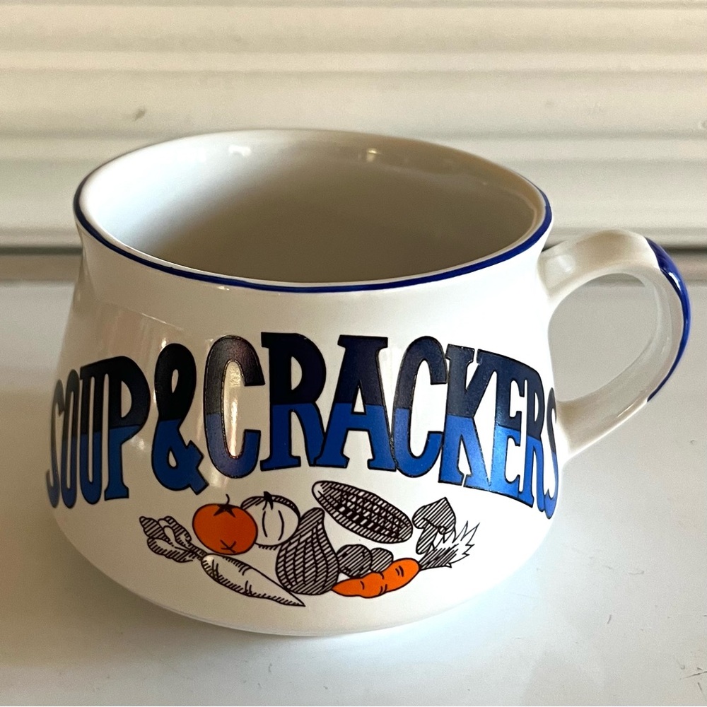 Vintage PMC Soup & Crackers Ceramic Soup Mug White Blue W/Handles 1980’s